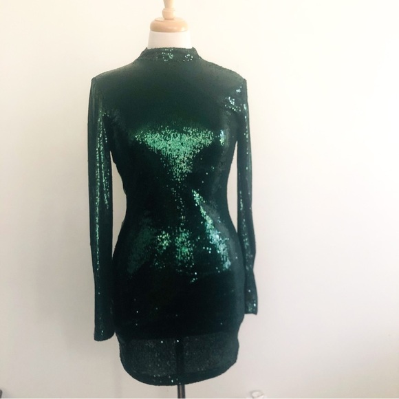 Zara Green Sequin Metallic Long Sleeve Sequin Mini Dress Size M NWT Holiday/NYE - Picture 2 of 15